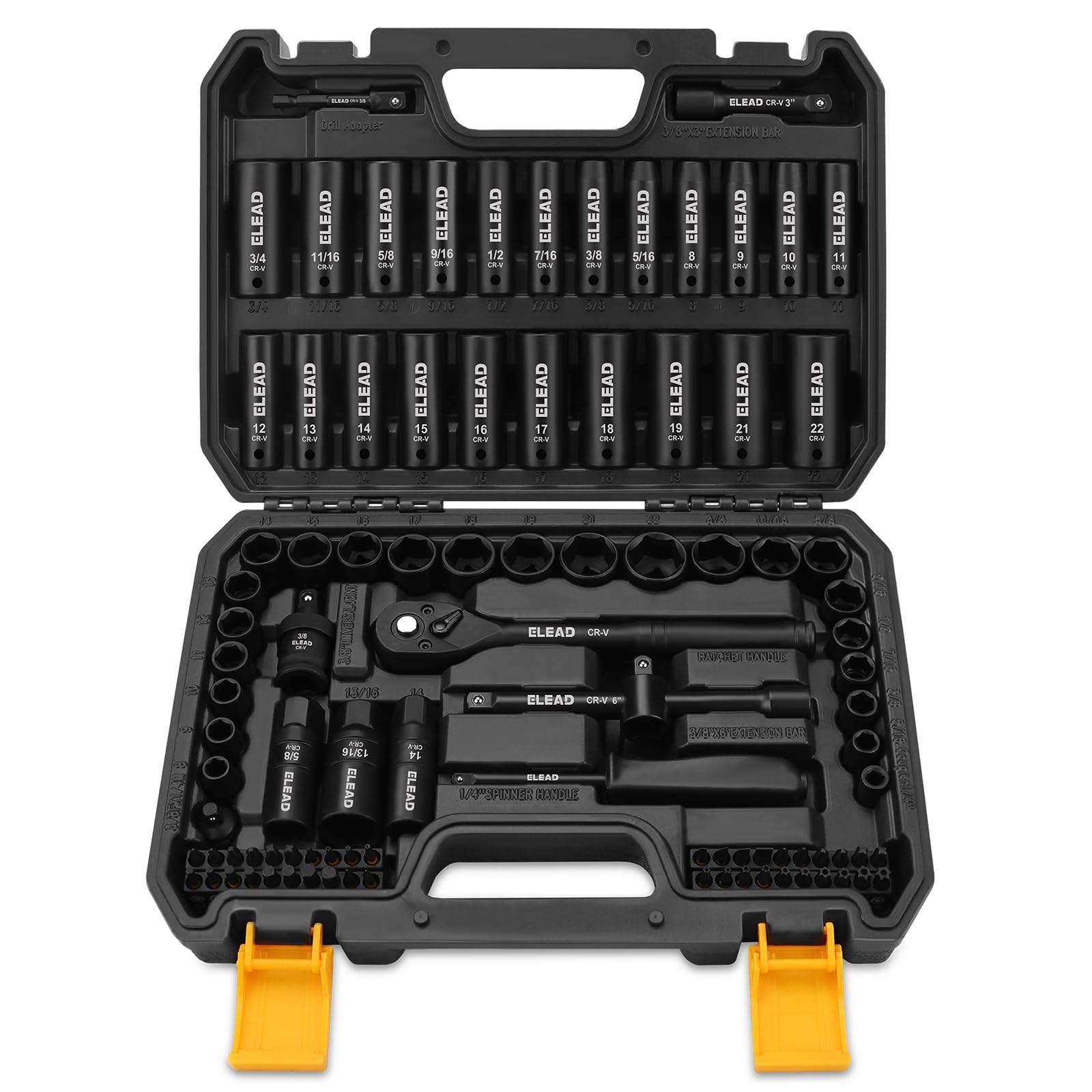 Photo 1 of ELEAD 3/8" Drive Impact Socket Set, 96-Piece Deep & Shallow Socket Set Metric and Standard Full with Adapters, Ratchet Handle, Universal Joint, Extension Bar, Screwdriver Bit Sets, Spark Plug Sockets