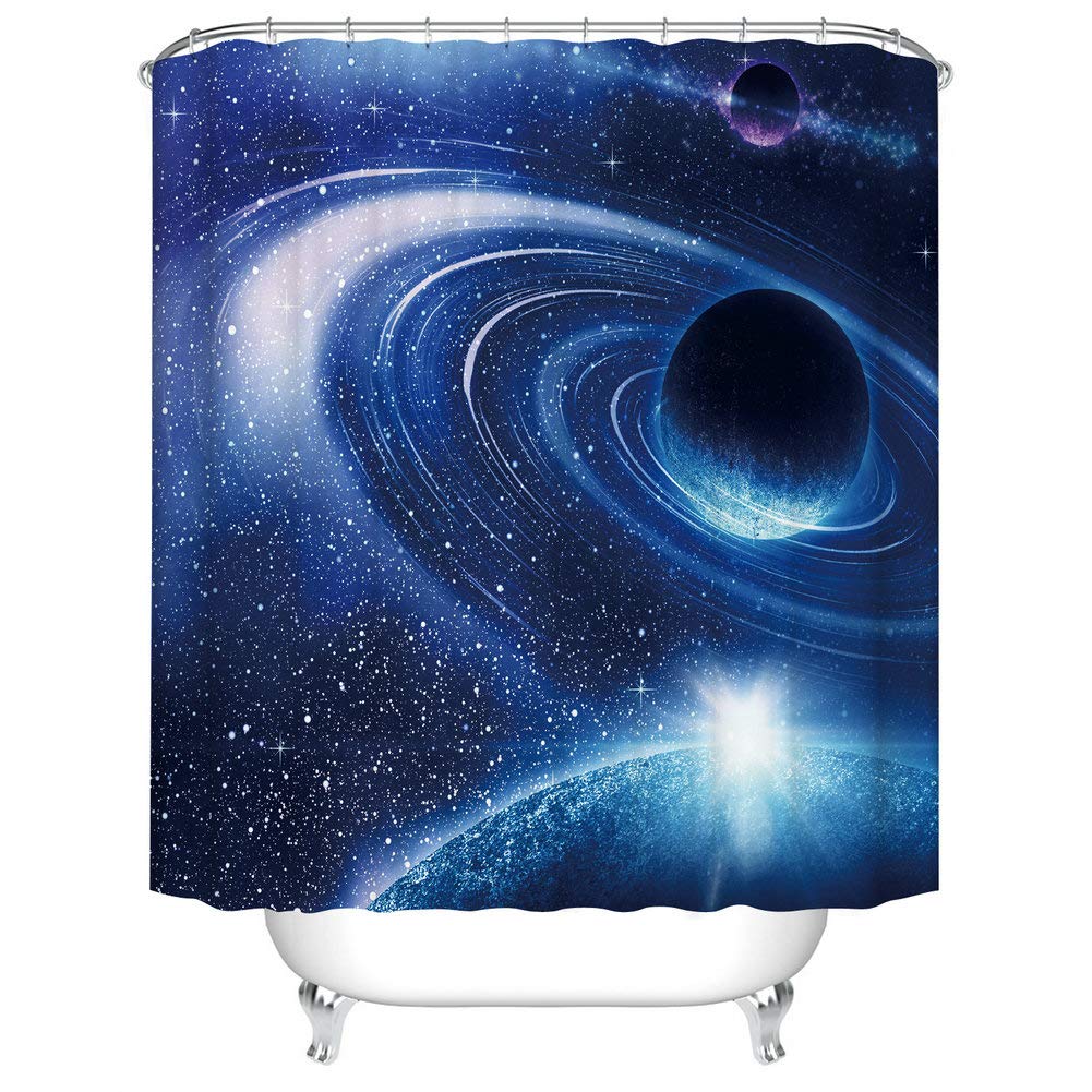 Fangkun Blue Galaxy Shower Curtain Sets Space Universe Printing Design Decor Bath Curtains - 12pcs Shower Hooks - 72 x 72 inches