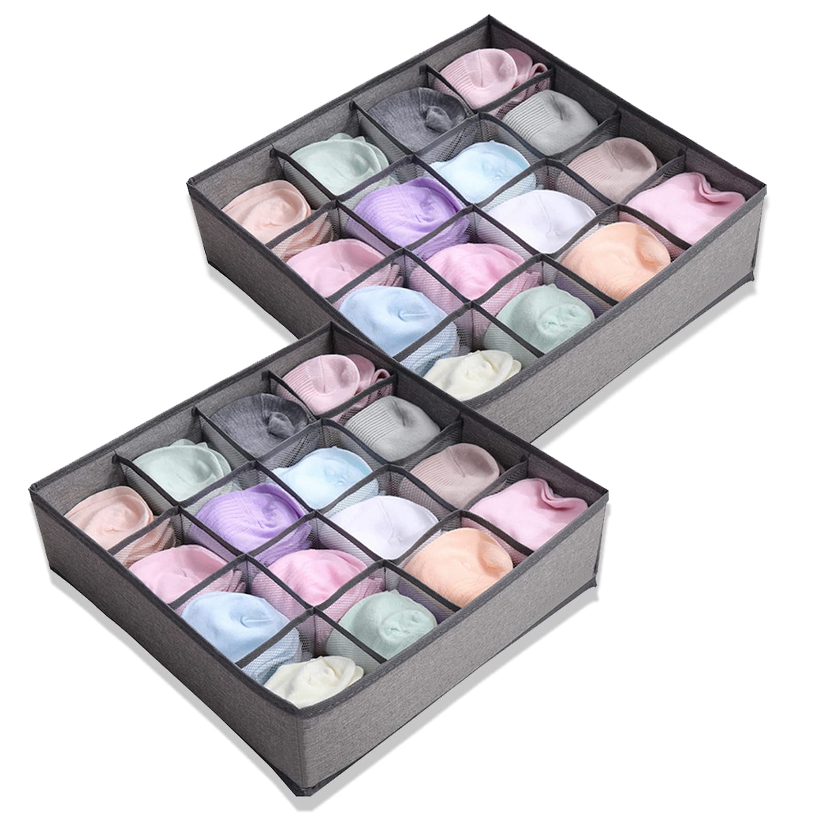 Drawer Organizer Divider 2 Packs Organizer, 24 Cell Foldable Closet Cabinet Organizer Underwear Storage Boxes for Storing Socks,Ties ,Scarves (Grey)