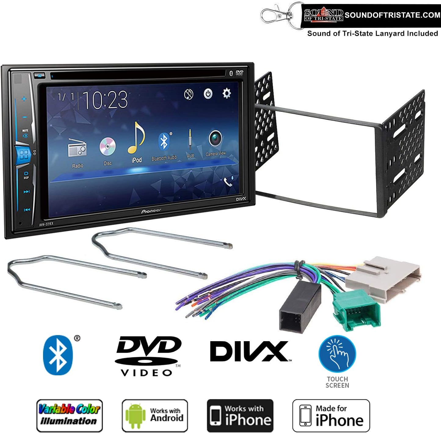 Pioneer AVH-221EX Multimedia DVD-Receiver + Install kit fits 95-97 Ford Explorer, Ranger, and Lincoln Town Car with Sound of Tri-State Lanyard Bundle