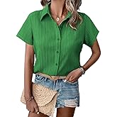 HOTOUCH Womens Button Down Shirt Short Sleeve Dress Shirt V Neck Collared Button Up Summer Tops Textured Work Blouse