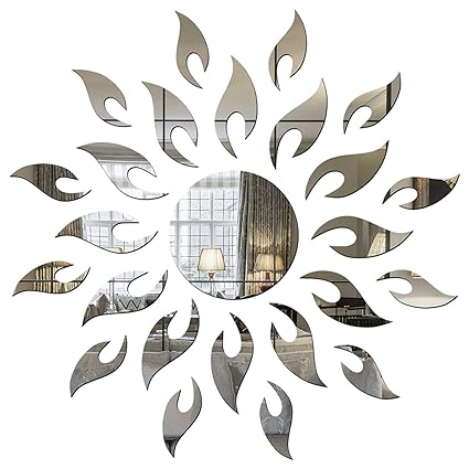 Wall1Ders Silver Sun With Extra Flame 1.5 Feet Size(45 Cm X 45 Cm), 3D Mirror 3D Acrylic Wall Sticker