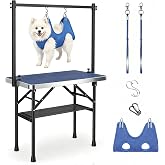 Dog Grooming Table with Arm Hammock &amp; Nooses, 35.5" L&times;23.6" W x 30" H | Foldable Heavy Duty Pet Grooming Station, Adjustable 33.5" Height Arm, Non-Slip Waterproof Tabletop