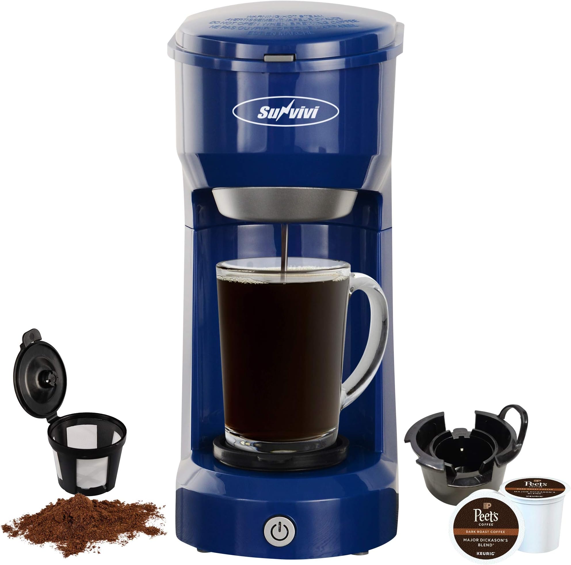 SUNVIVI OUTDOOR Single Serve Coffee Maker Brewer for Single Cup, K-Cup Coffeemaker with Permanent Filter, 6oz to 14oz Mug, One-Touch Control Button with Illumination (Blue)