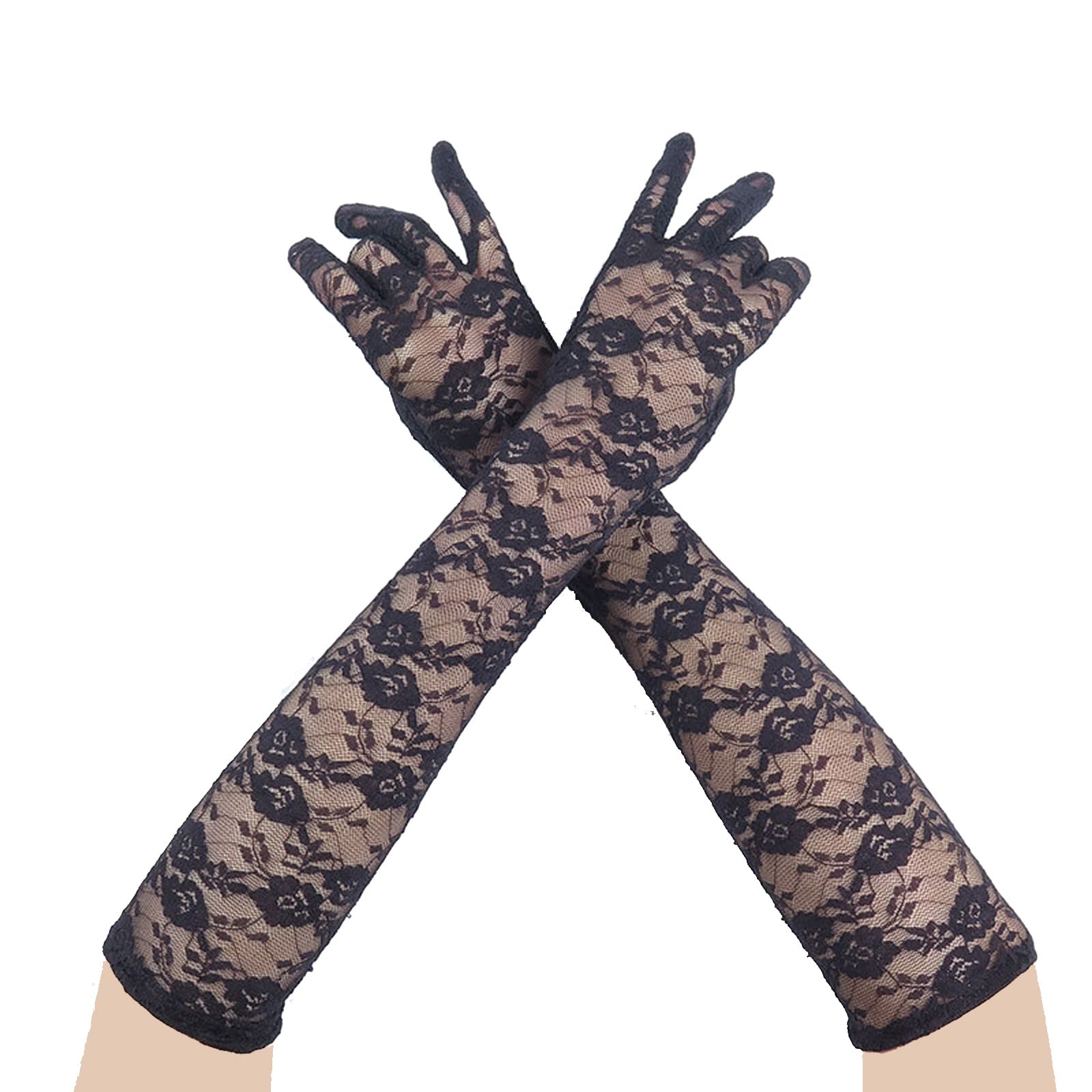 AWOCAN Women's Lace Elegant Long Gloves Courtesy Summer Gloves for Wedding Party and Tea Party 1920s Vintage Costumes (black)