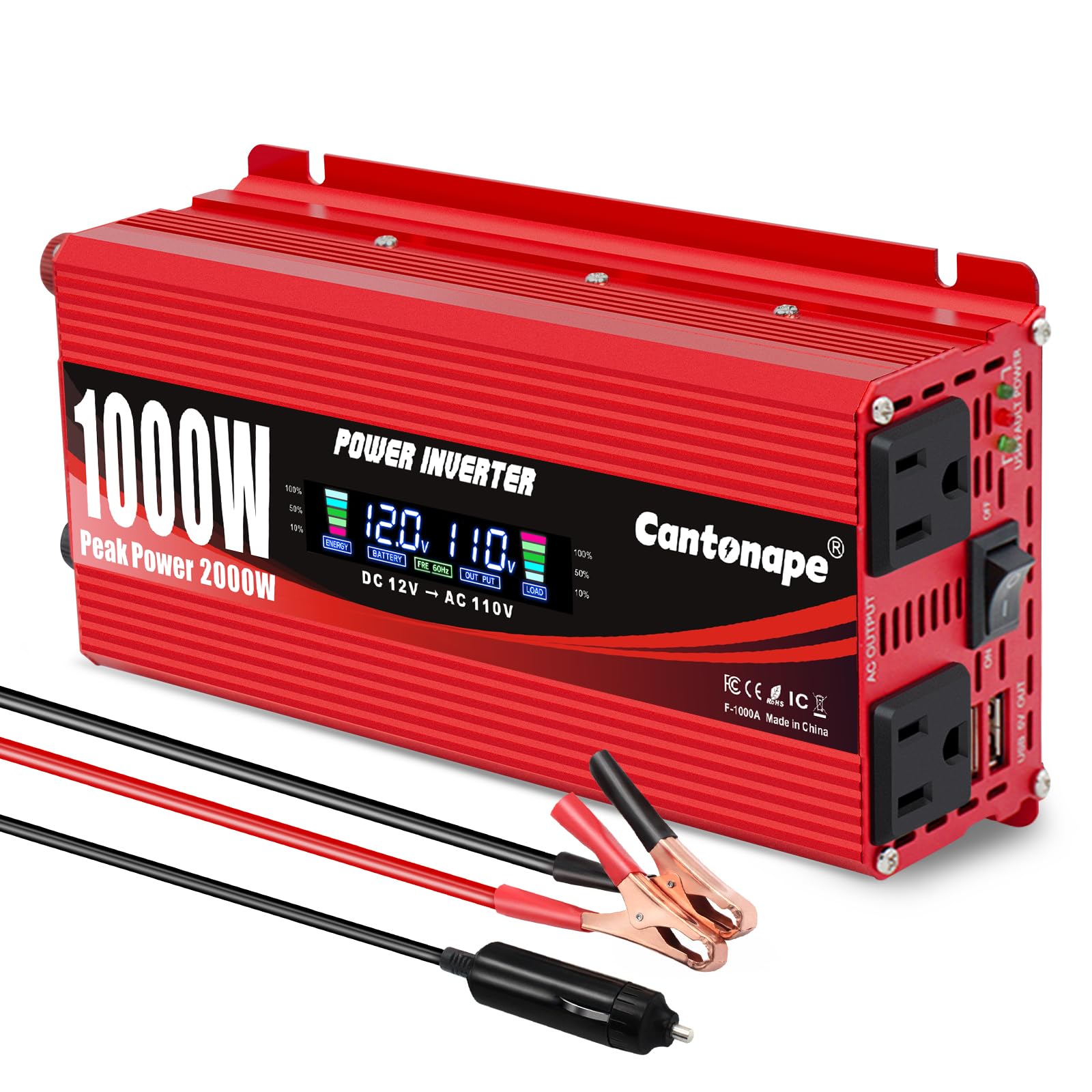 Photo 1 of Cantonape 1000 Watt Car Power Inverter DC 12V to 110V/120V AC Converter with LCD Display Dual AC Outlets and Dual USB Car Charger for Car Home Laptop Truck Red
