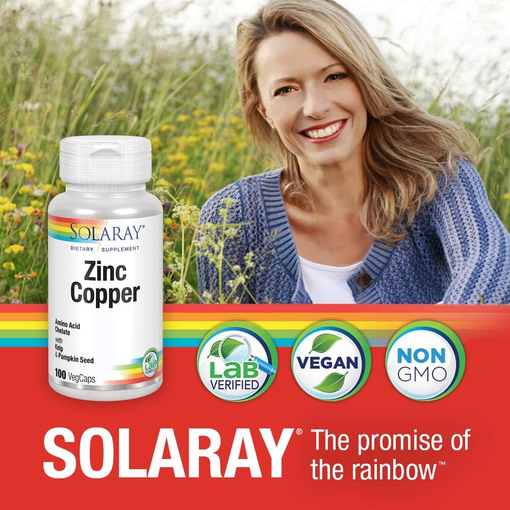 Solaray Zinc Copper Amino Acid Chelates | Healthy Cellular, Heart & Thyroid Function Support w/Pumpkin Seeds & Kelp | Non-GMO & Vegan | 100 VegCaps: Health & Personal Care