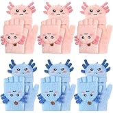 Geyoga 6 Pairs Kids Axolotl Gloves Valentine Interchange Gifts Winter Knitted Fingerless Gloves Convertible Flip Top
