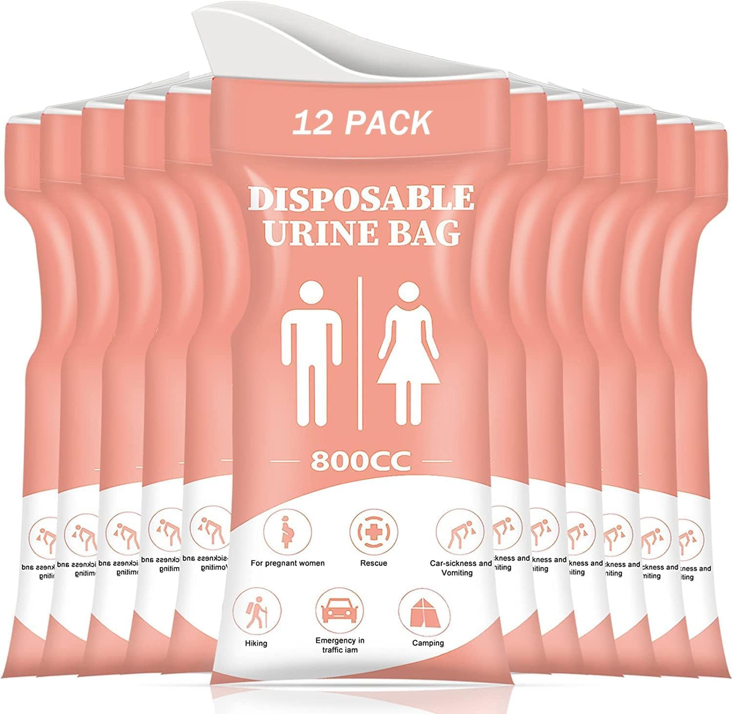 SAINUOD Disposable Urinal Bag, 12 Pcs 800ML Emergency Urine Bag, Unisex Urinal Bag, Portable Camping Pee Bag, Travel Urine Bag for Traffic Jams, Camping, Hiking, Pregnant, Patient
