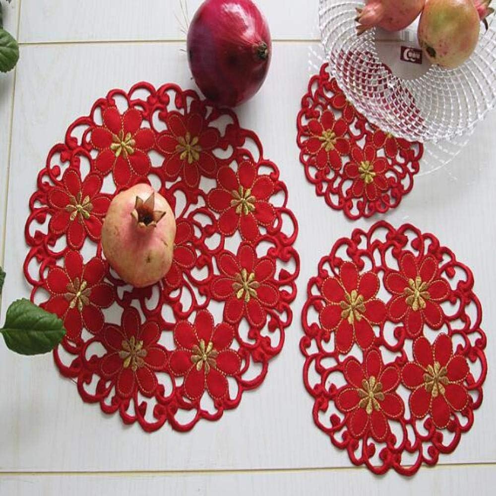 Luxury Lace Red Embroidery Dining Table Placemat Cloth Cup Christmas Glass Placemat Drink Tablecloth Kitchen Mat Red Round 15cm