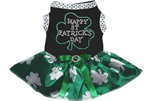 Petitebella Rhinestone Happy St Patrick's Day Puppy Dog Dress (Black/Green Clovers, Large)