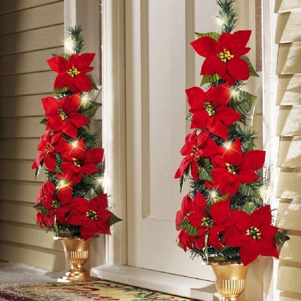 2 Pack 6.56ft Artificial Red Poinsettia Christmas Garland String with Red Berries Maple Leaves Pre-Lit Velvet Fairy Light for Holiday Door Decoration Wreath