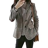 Leyoutx Women's Fashion Notched Lapel Wool Plaid Blazer Slim Long Sleeve Jacket with Elbow Patch