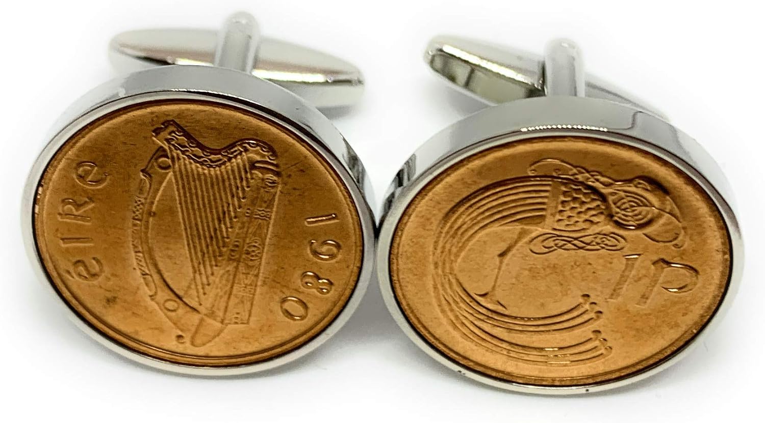 1980 46th Birthday/Anniversary 1 pence coin cufflinks - Irish One pence cufflinks 1980 for a 46th HT, Gold - Silver