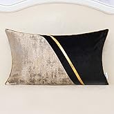 Alerfa 12 x 20 Inch Black Beige Gold Leather Patchwork Velvet & Polyester Cushion Case Luxury Modern Lumbar Throw Pillow Cover Decorative Pillow for Couch Sofa Living Room Bedroom Car 30 x 50cm