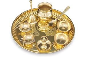 BENGALEN Pooja Thali Set Brass 8 Inch with Pital Accessories Plate, Kuber Diya, Ghanti, Kalash, Spoon, Bowl, Agarbatti Stand for Puja, Diwali, Home, Office, Wedding Gift Items