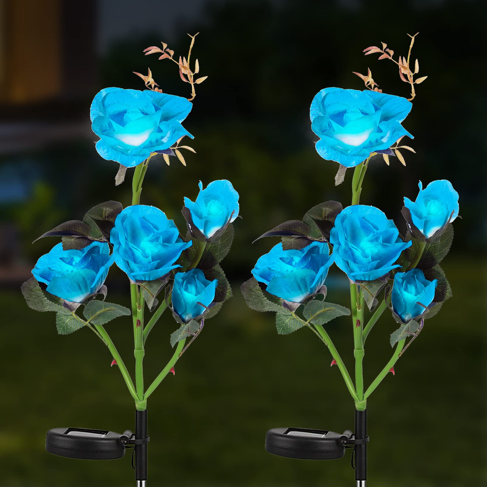 NEWNEN Solar Lights Outdoor Garden, 2 Pack Garden Lights Solar Powered Waterproof with 10 Bigger Blue Rose, Waterproof Garden Flower Lighting Outdoor Ornament for Lawn Patio Pathway Party Wedding