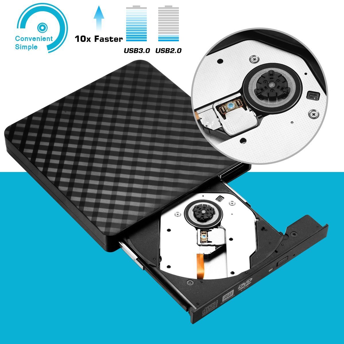 Masterizzatore Ultra DVD USB 3.0, Amotus DVD-RW DVD / CD portatile esterno Slim, 9,5 millimetri, SuperDrive per tutti i PC laptop / desktop di Windows e Mac OS per MacBook, MacBook Air, iMac - Nero