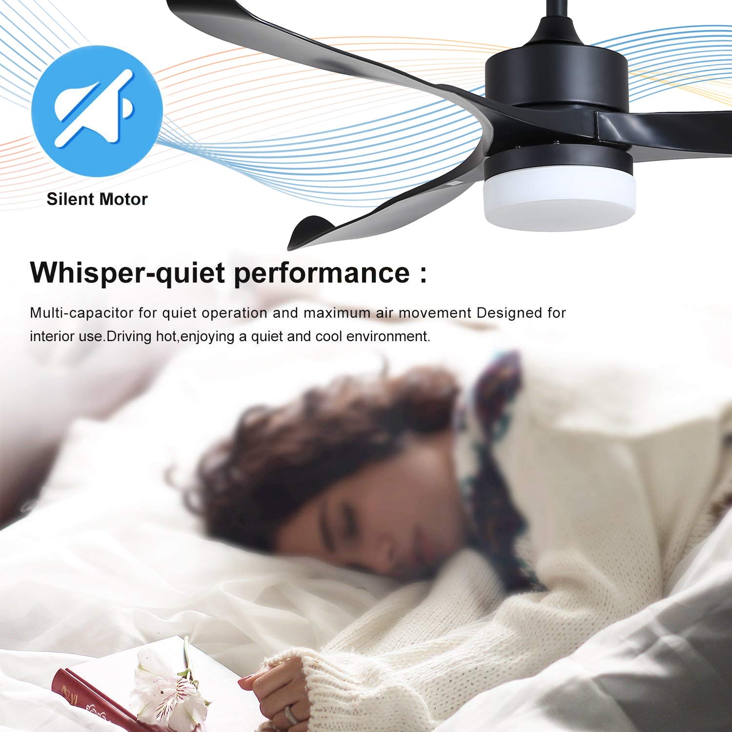 Indoor Ceiling Fan with LED Light and Remote Control, Noiseless and Reversible, DC Motor Ceiling Fan Light for Bedroom Living Room Dining Room (56inch, Black)