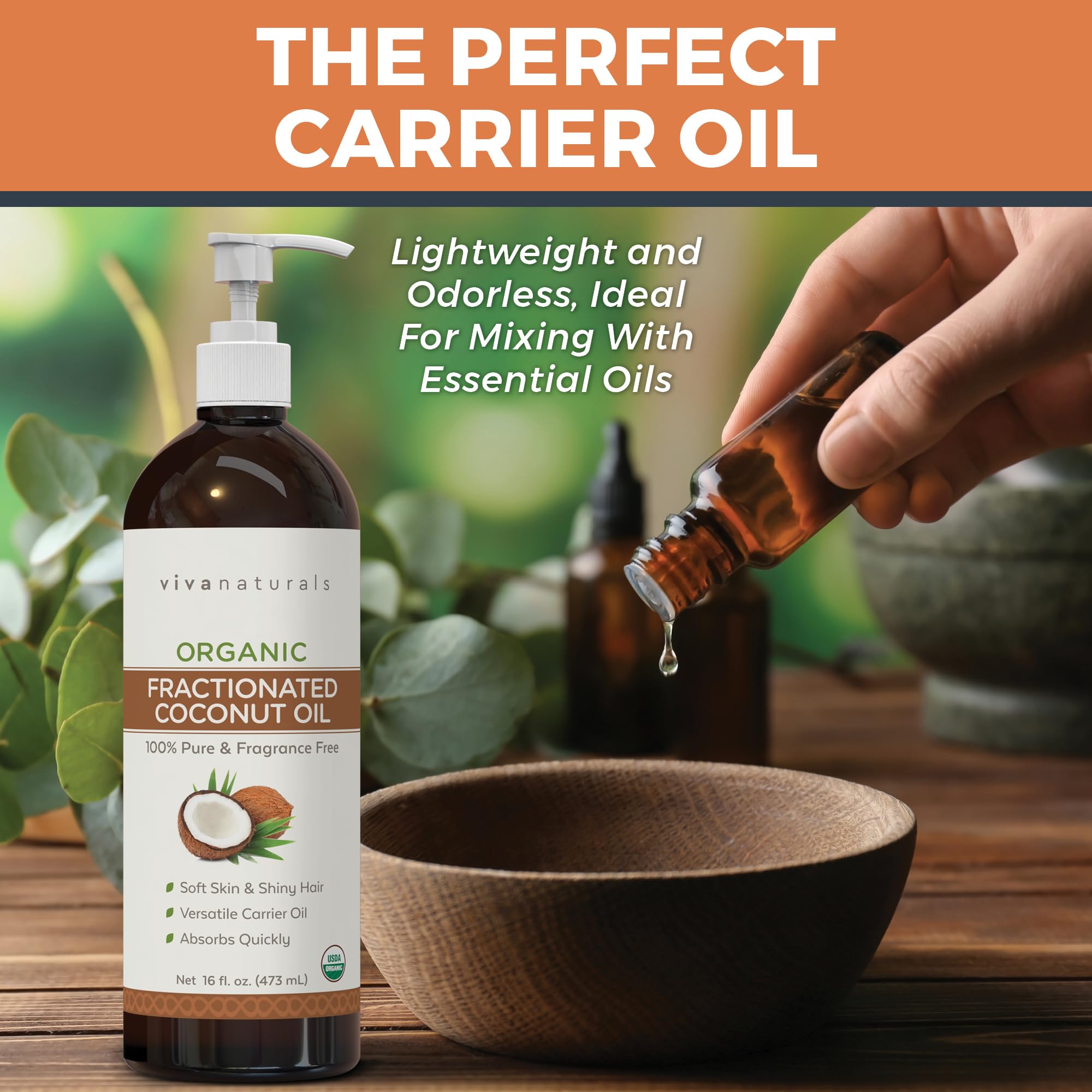 Viva Naturals Organic Fractionated Coconut Oil, 16 fl oz – Skin & Hair Moisturizer, Massage Oil, Carrier Oil for Essential Oils
