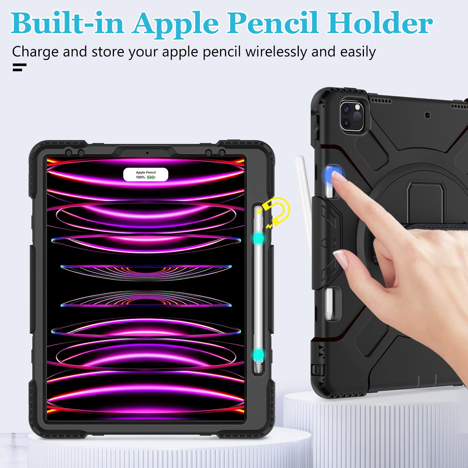 Case for iPad Pro 12.9 2022/2021/ 2020/2018: Cover for iPad Pro 12.9 6th/ 5th/ 4th/ 3rd Generation with Screen Protector- Stand- Pencil Holder- Handle- Shoulder Strap Black