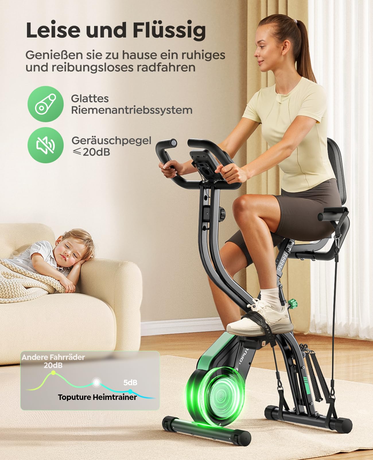 Neu Toputure Heimtrainer Fahrrad Klappbar mit App, 5-in-1 Ergometer mit Hand-Bein-Zugseilen, 16 Magnetwiderstand, Indoor Hometrainer bis 140 KG, Ultraleise 4