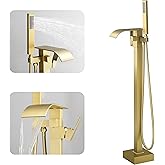 BWE Brushed Gold Freestanding Bathtub Faucet with Handheld Shower Head Single Handle Floor Mounted Tub Filler Waterfall Tub Spout Solid Brass Construction Bathtub System Brushed Gold