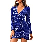 Kaei&Shi Sequin Cocktail Dresses,Deep V Neck Long Sleeve Mini Dress for Women,Sexy Sparkly Outfits Birthday Party Night Club