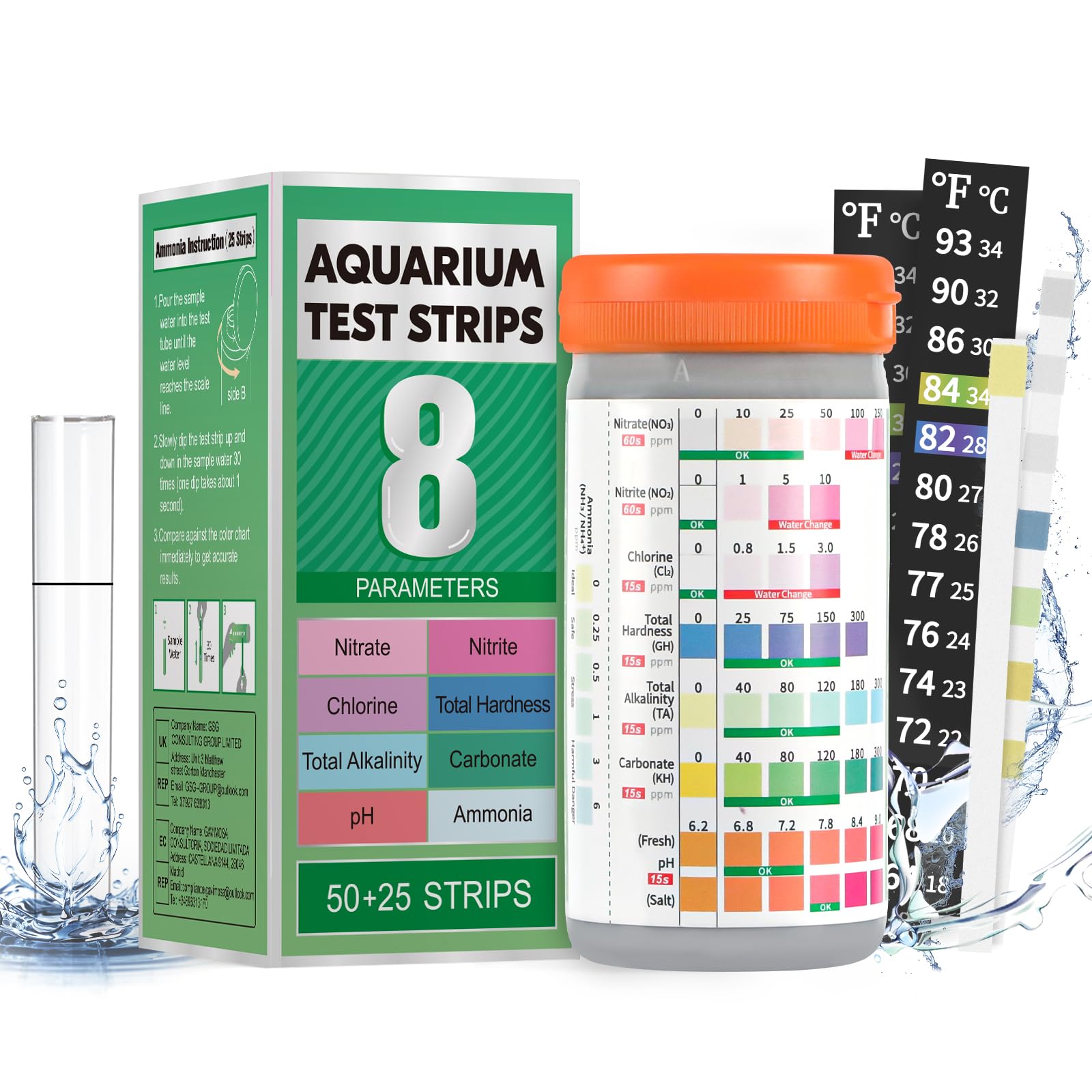 Pawfly 8 in 1 Aquarium Test Strips, 75 Strips Fish Tank Water Testing kit for pH Chlorine Nitrate Nitrite Carbonate Hardness Total Alkalinity & Ammonia Water Quality Freshwater Saltwater Test Kit