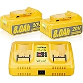 2Pack 8.0Ah Replacement for Dewalt 20v Battery Charger Lithium Compatible with Dewalt 20 Volt Max Battery DCB102 Dual Port Charger XR DCB200 DCB201 DCB203 DCB204 DCB206 DCB207 Cordless Power Tools