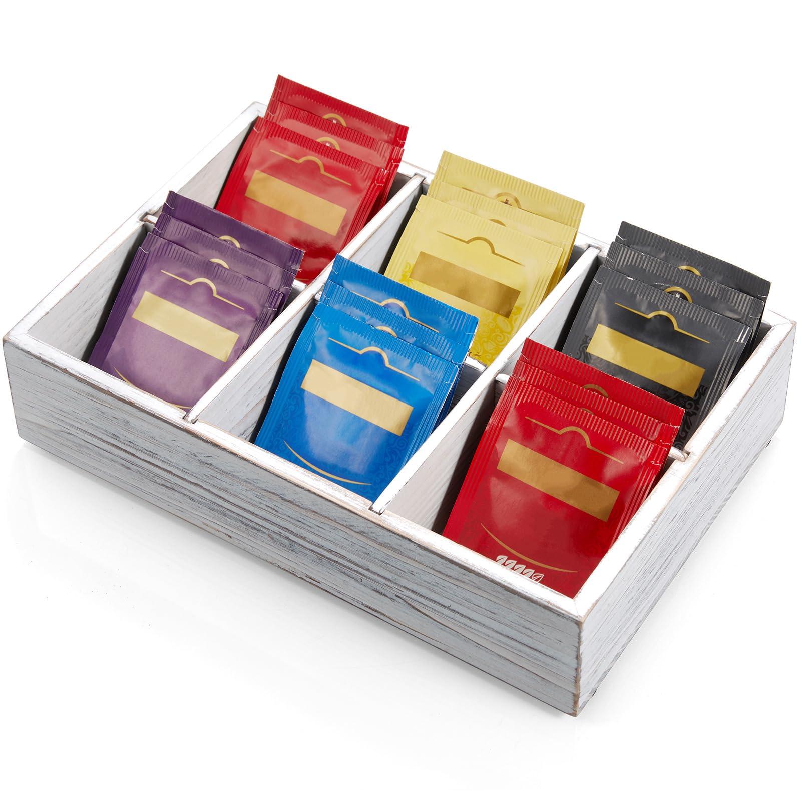 DRASTAR Tea Bag Organizer, Small Tea Bag Holder, Tea Storage Containers with 6 Slots, Wooden Sugar Packet Holder, Mini Tea Bag Caddy Box for Countertop, Retro White