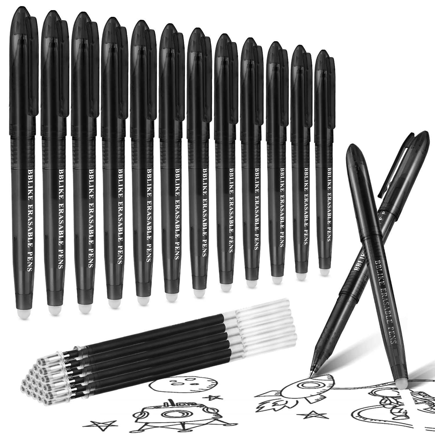 BBLIKE Erasable Pens - 12 Pcs Black Rub Out Pens and 20 Refills, 0.7mm Rubber Rollerball Pen, Pen with Eraser on the End, Handwriting Writing Pens for Adults Kids School Office Stationary