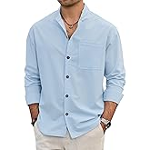 Mens Band Collar Shirts Vacation Casual Long Sleeve Button Down Tops with Pocket (S-2XL)