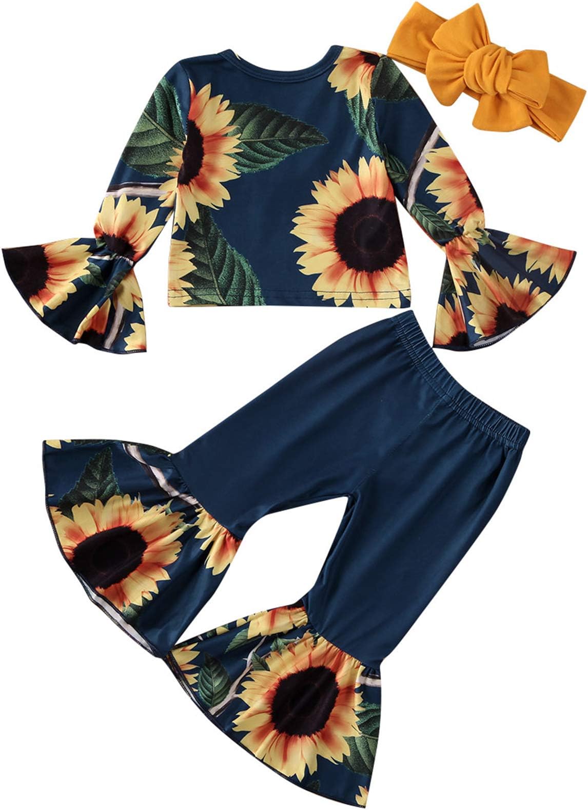 Toddler Baby Girls Sunflower Bell Sleeve Blouse Long Sleeve Shirts Floral Bell Bottoms Flare Pants Summer Outfits
