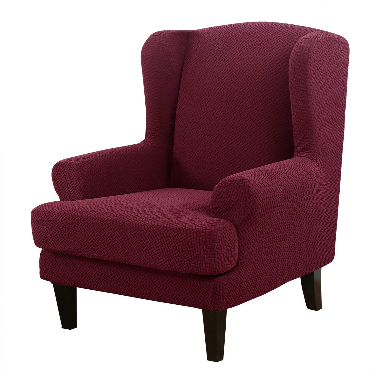 ele ELEOPTION Wingback Chair Cover 2-Piece Stretch Jacquard Wing Chair Cover Twill Wing Chair Slipcover Solid Colour Armchair Cover Washable & Anti-wrinkle Sofa Cover Furniture Protector (Burgundy)