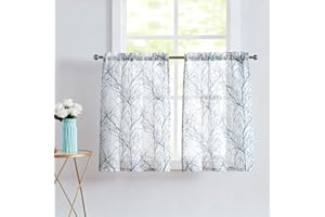 FMFUNCTEX Blue Kitchen Curtains 36 Inches Long Grey Tree Print on White Tier Curtain Set for Small Windows Basement Room Bathroom, Café Curtains Farmhouse Rustic Curtains Rod Pocket 2 Panels