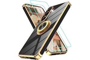 Gritup for Samsung Galaxy S25 Plus Case: with 2Pcs Screen Protector, 360° Rotation Ring Holder Magnetic Kickstand Plating Gold Edge Soft TPU Shockproof Protective Cover for S25 Plus, Black