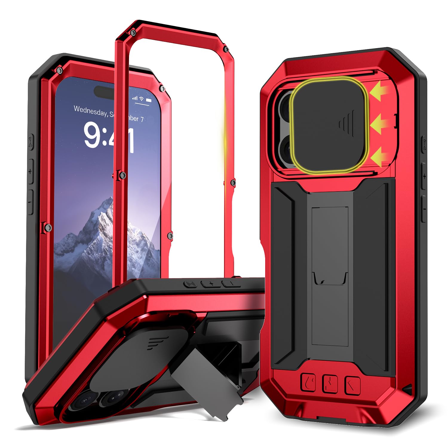 Compatible for iPhone 16 Pro 5G Case, Aluminum Metal Gorilla Glass Shockproof Military Heavy Duty Sturdy Protector Cover Hard Case with Sliding Camera Cover & Screen Protector & Kickstand (Red)
