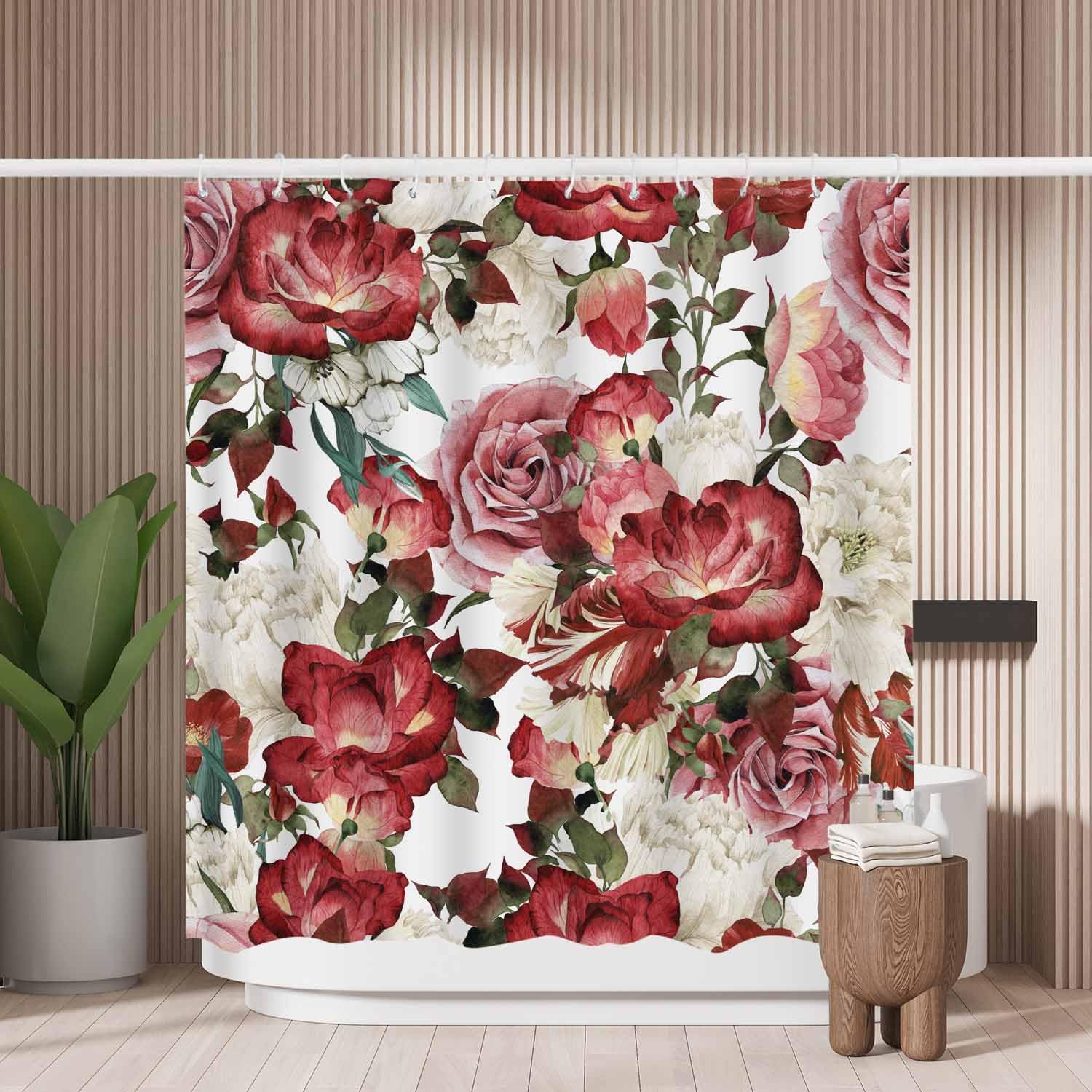 Woutay Shower Curtain Mould Proof Resistant Watercolor Roses,Water Repellant Fabric,Polyester,with 12 Plastic Hooks