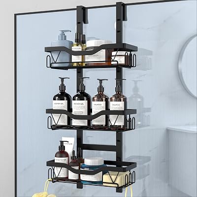 UUlioyer Hanging Shower Caddy Over Door 3-Tier Shelf No Drilling Black