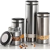 Le'raze Airtight Glass Canister Set of 4 with Stainless Steel Sleeve for Kitchen Counter - Food Storage Containers with Glass Window and Airtight Lids - Pantry Storage and Organization Set
