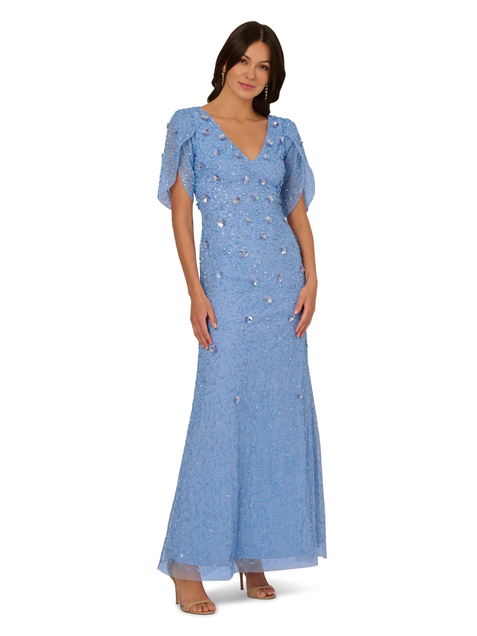 Adrianna Papell Women’s Petal Sleeve Bead Long Dress, Bluebell, 6