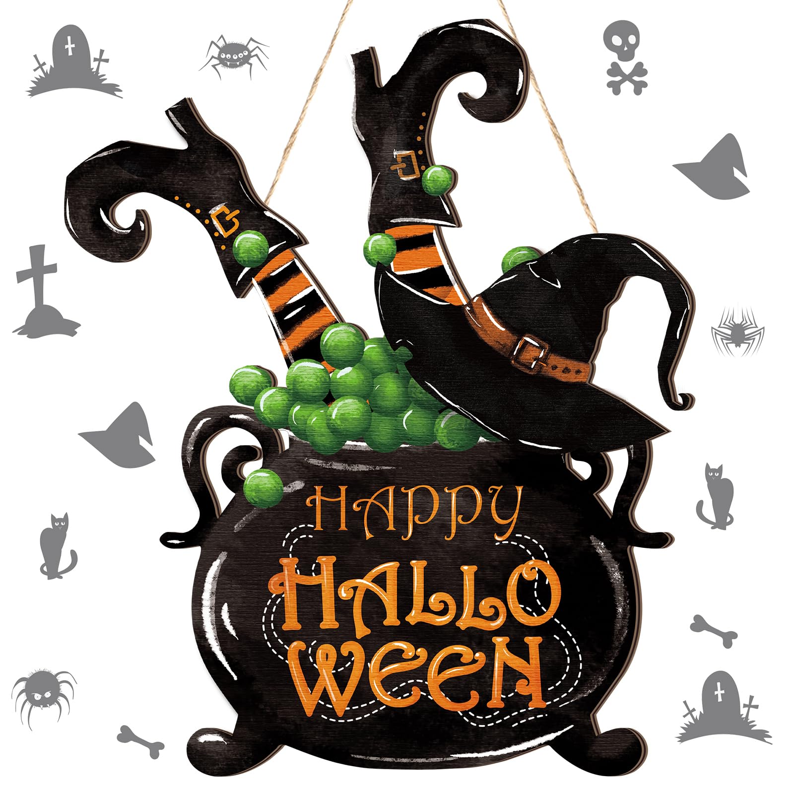 Photo 1 of Barydat Halloween Witch Door Sign Happy Halloween Wreaths for Front Door Wooden Plaque Witch Leg Hanging Decor Welcome Signs for Home Farmhouse Hanger Porch Wall Decor Witches Party Supplies