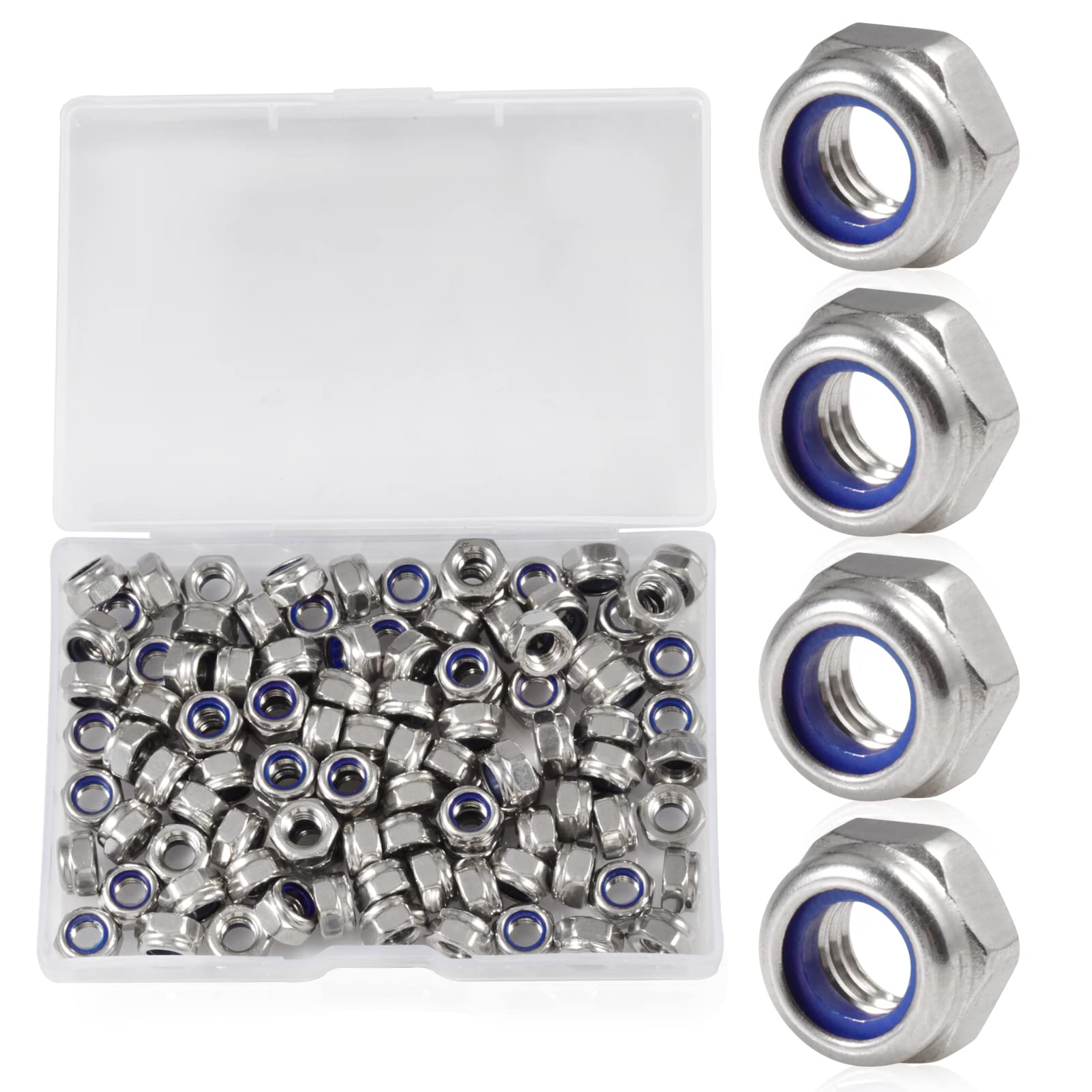 SPEEDWOX 100 PCS M6 x 1mm Nylon Insert Nuts Locknuts, Self-locking Nut 304 Stainless Steel, Hexagon Lock Nut with Storage Box for Lock Washers