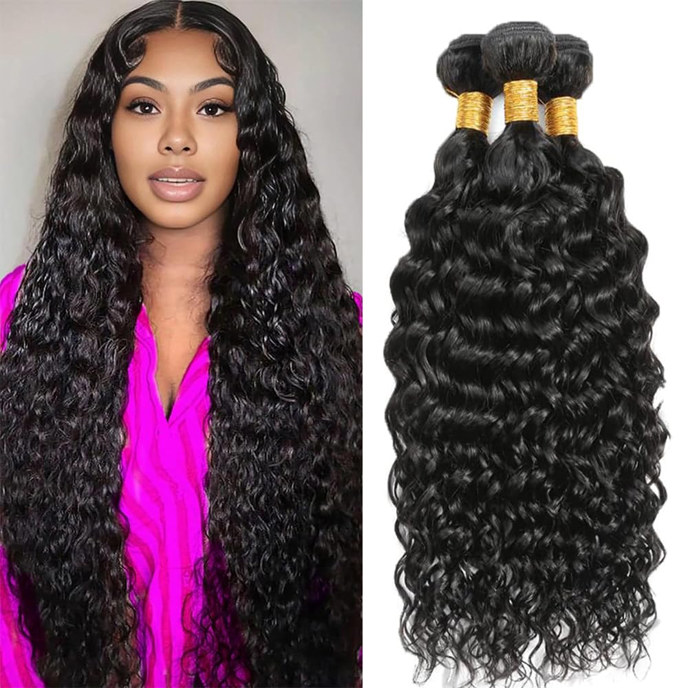 Brazilian Virgin Water Wave Human Hair 3 Bundles 24 26 28 inch 100% Unprocessed Wet and Wavy Human Hair Bundles Long Inch Double Weft Human Hair Weave Natural Black Color for Black Women — image 1