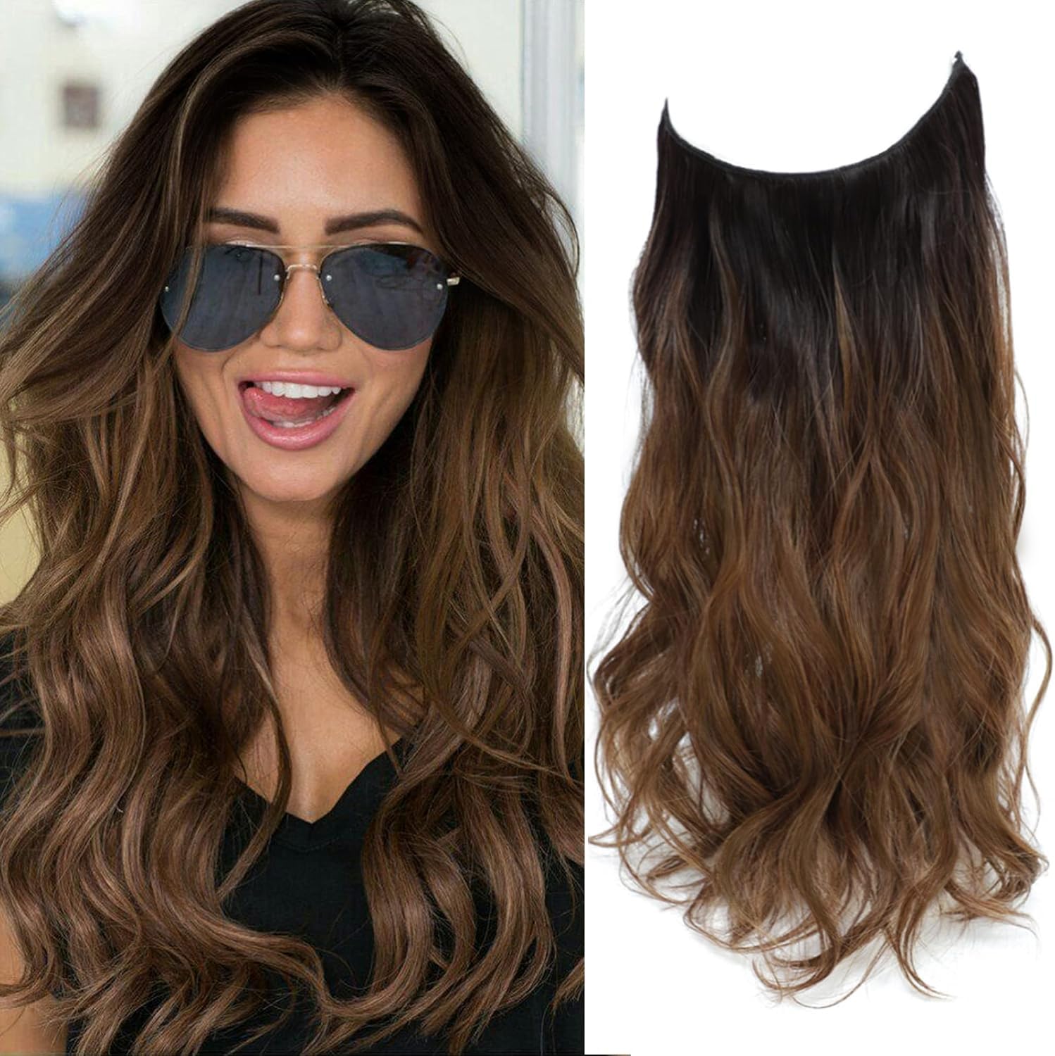 Secret Hair Extensions 20 Inch Synthetic Wavy Hair Pieces for Women Transparent Invisible Wire Hair Extensions Brown with Dark Root Hair Extension — image 1