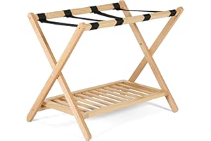 M&T Displays Beech Wood Folding Luggage Rack Travel Suitcase with Woolen Strips and Shelf for Home Hotel Gym Spa Guest Room 200 lbs Carriage Capacity Natural Wood 18x30 Inches