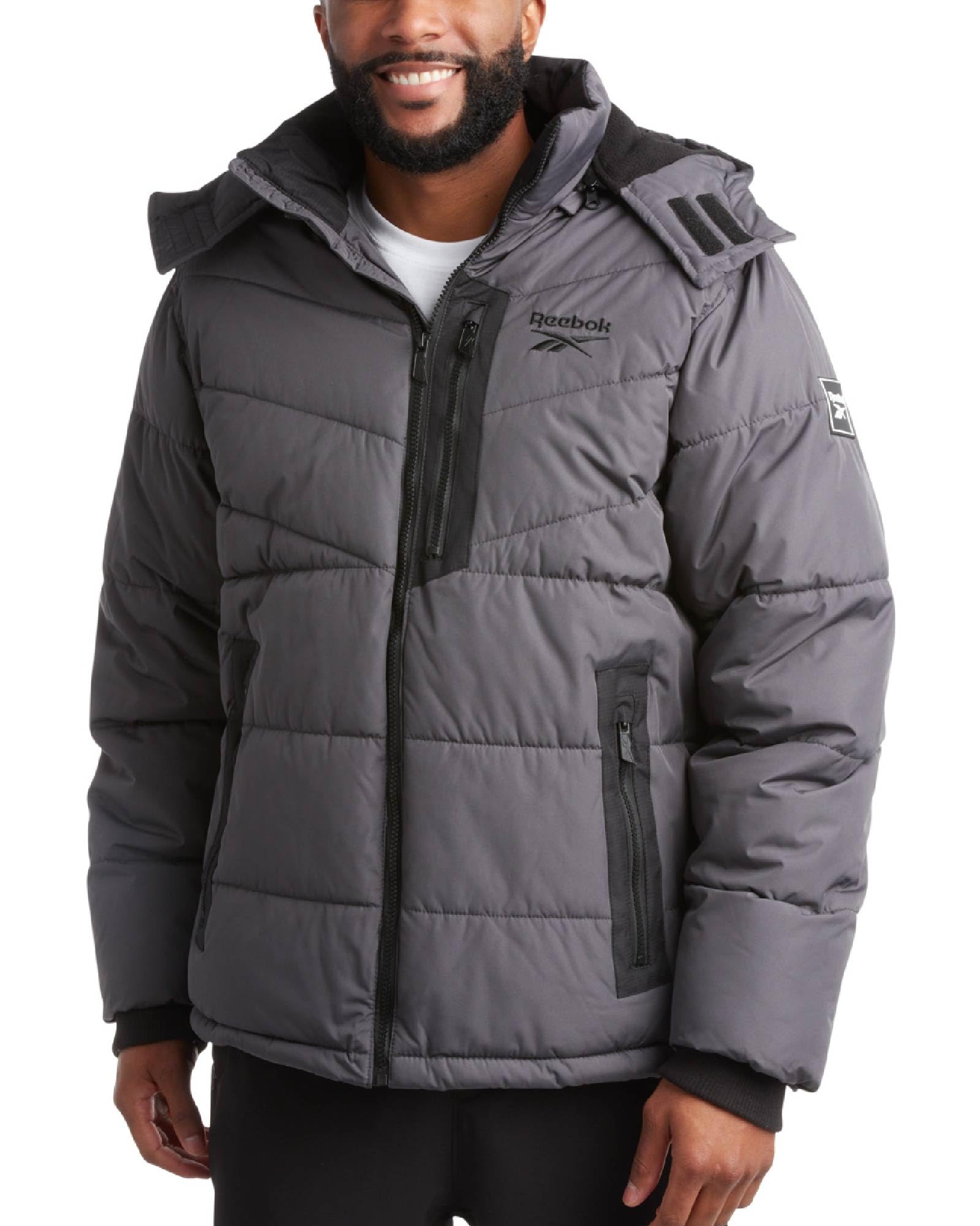 Photo 1 of Reebok Mens Winter Jacket - Thick Heavyweight Ski Winter Coat - Warm Insulated Quilted Hooded Puffer Coat for Men, Size Medium, Charcoal