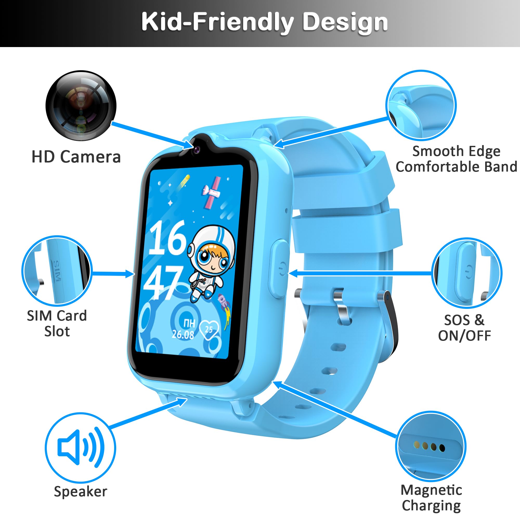 4G Kids Cell Phone Watch with GPS Tracker & Video Calling Smartwatch for Boys Age 5-12, SOS Call Voice Chat Camera Alarm Clock HD Touch Screen Smart Watch Gifts Toys for Kids