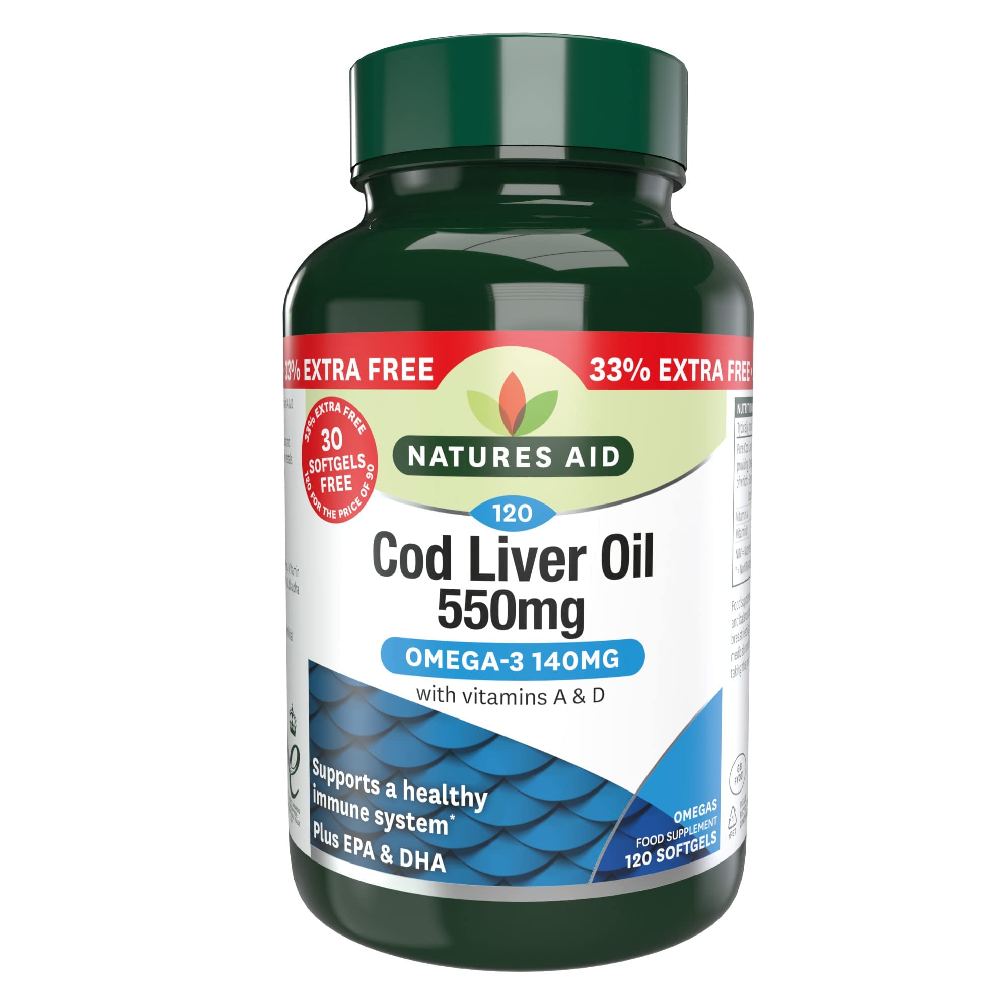 Natures Aid Cod Liver Oil 550mg Softgels โ High Strength Omega-3 Fish Oil with Vitamins A, D Plus EPA & DHA โ Supports Healthy Immune System Heart Health Brain Vision Joints โ Non-GMO โ 120 Capsules